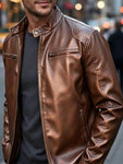 Men's Full Size Faux Leather Bomber Jacket with Zipper Pockets Plus Size view 5
