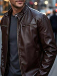 Men's Full Size Faux Leather Bomber Jacket with Zipper Pockets Plus Size view 12