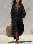 Linen Tie-Waist Maxi Dress with Lapel Collar view 3