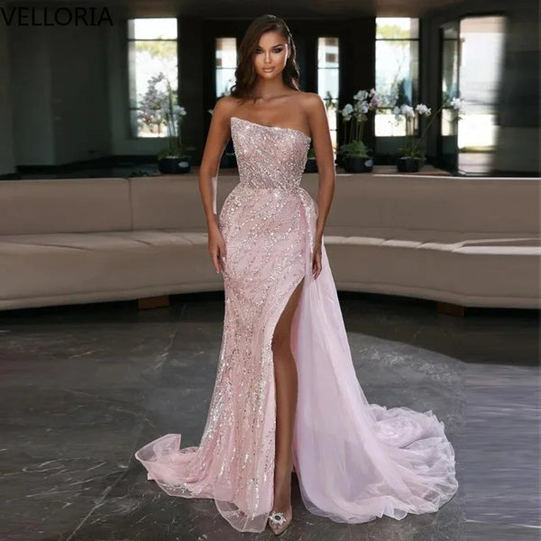 Beaded Mermaid Evening Gown with Train