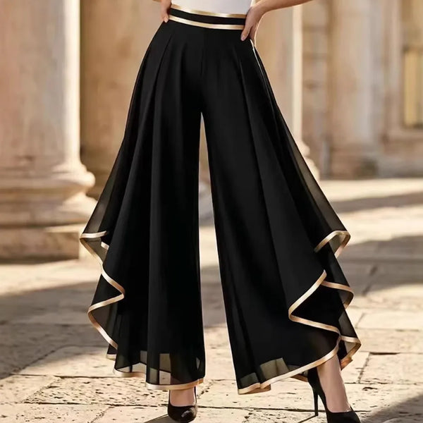 Gold-Trim Chiffon Palazzo Pants