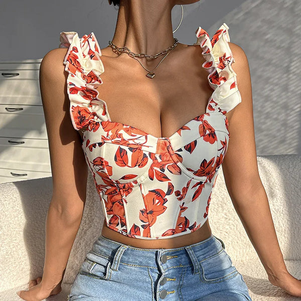 Floral Tapestry Lace-Up Corset Top