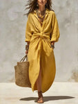 Linen Tie-Waist Maxi Dress with Lapel Collar view 2