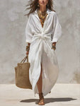 Linen Tie-Waist Maxi Dress with Lapel Collar view 1