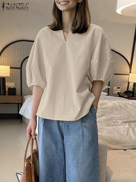 Puff-Sleeve V-Neck Blouse