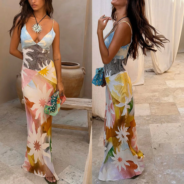 Printed Linen Bohemian Beach Vacation Maxi Dress