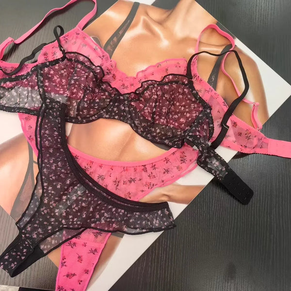 Floral Lace Bra Set -- French Cut