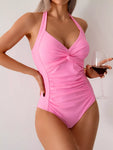 Twisted Front Halter Neck Ruched One-Piece Swimsuit view 16